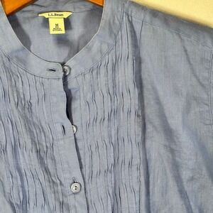 LL Bean 100% Linen Blue Shirt‎ Women's Size M Beach Button Down Ruched